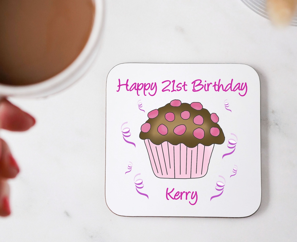 Cupcake (Chocolate & Pink) Personalised Birthday Coaster